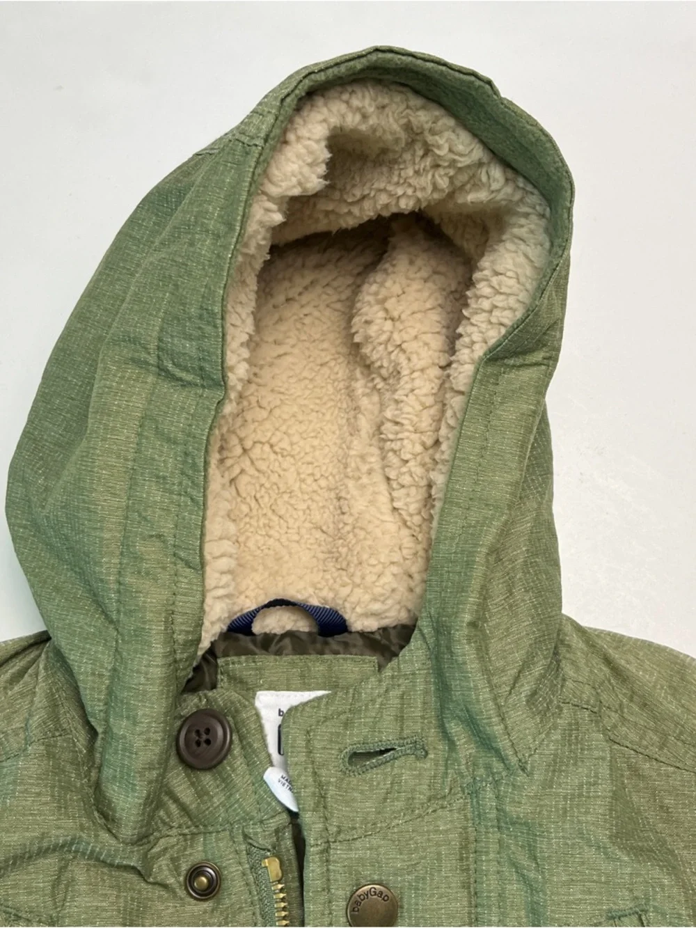 Baby GAP Olive Green Puffer Jacket 6-12 Months Sherpa Hood Insulated Winter Coat